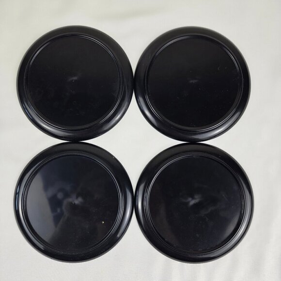 Set of 4 Black Coasters in Matching Round Box Asian Fan Design Lacquerware Vtg - Picture 8 of 10